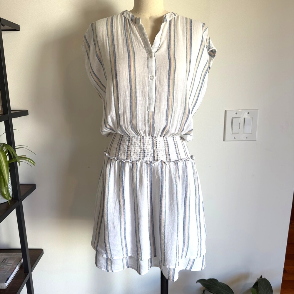 RAILS Angelina Shirred Waist Dress-Ryland Linen Stripe-Blue Pink-Sze XS-RRP $110